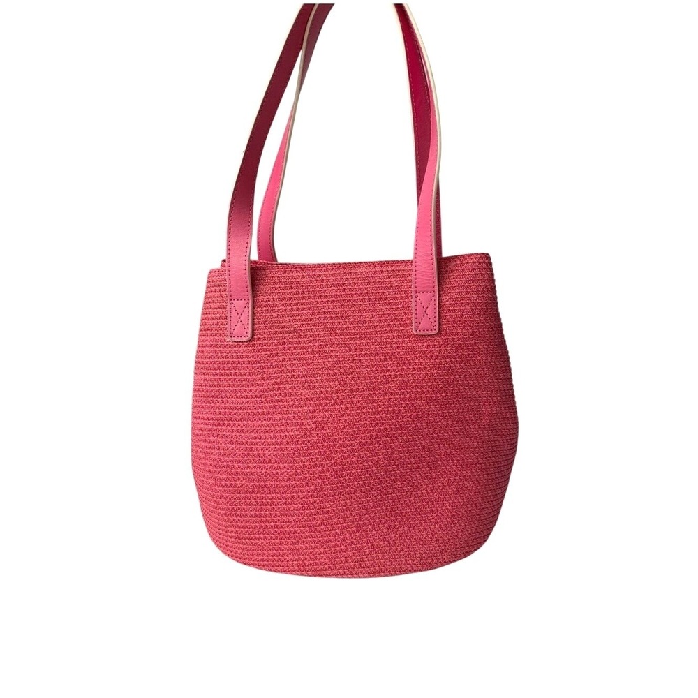 Talbots Pink Woven Shoulder Bag Bucket Shape Leather Straps Boho Beach Vacation‎